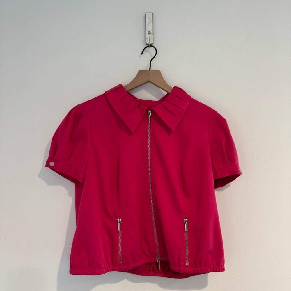 Nine West Pink Zip Up Jacket Short Sleeve Collared Size 14 Statement